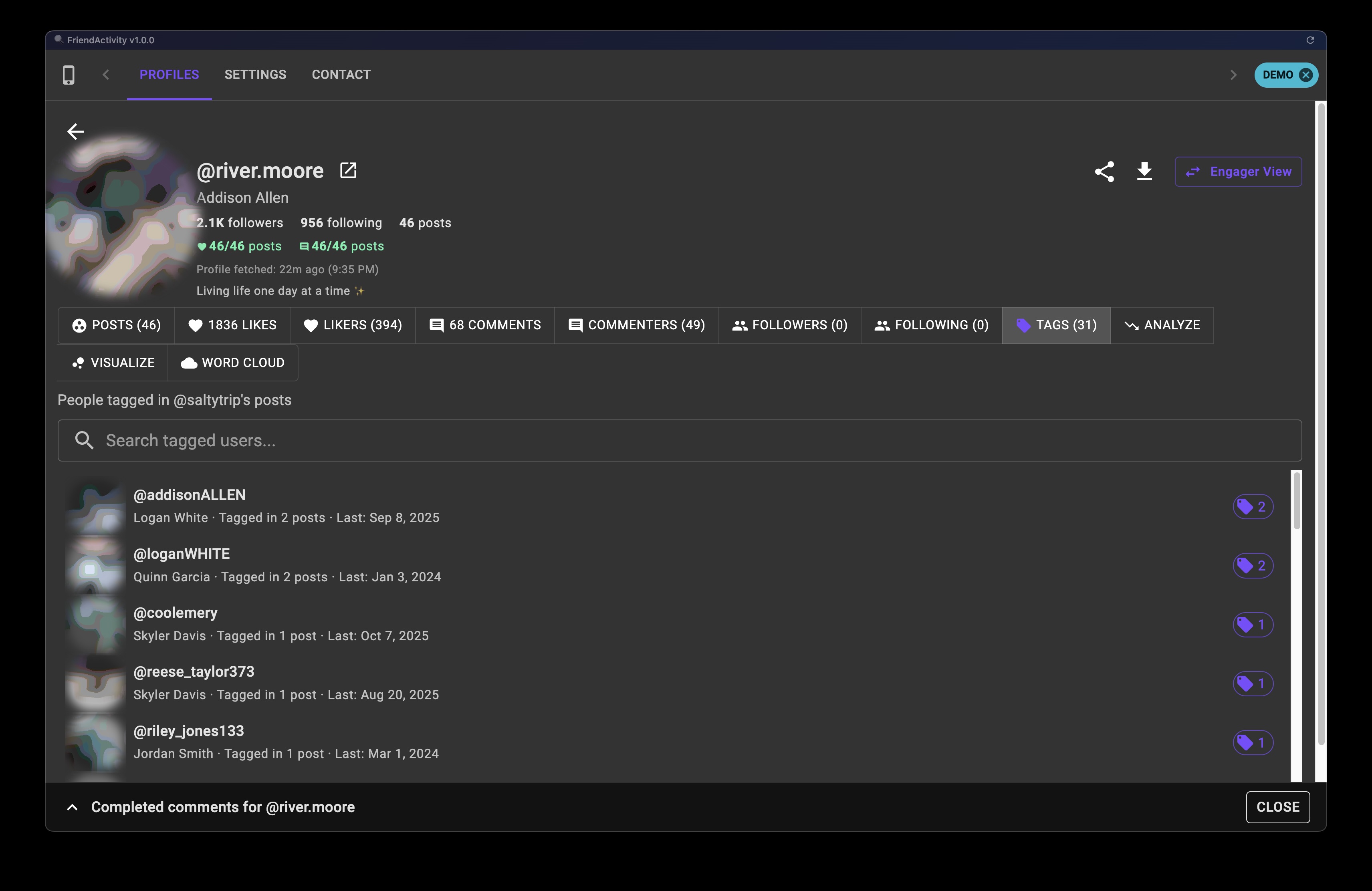 Following Tab Feature Screenshot