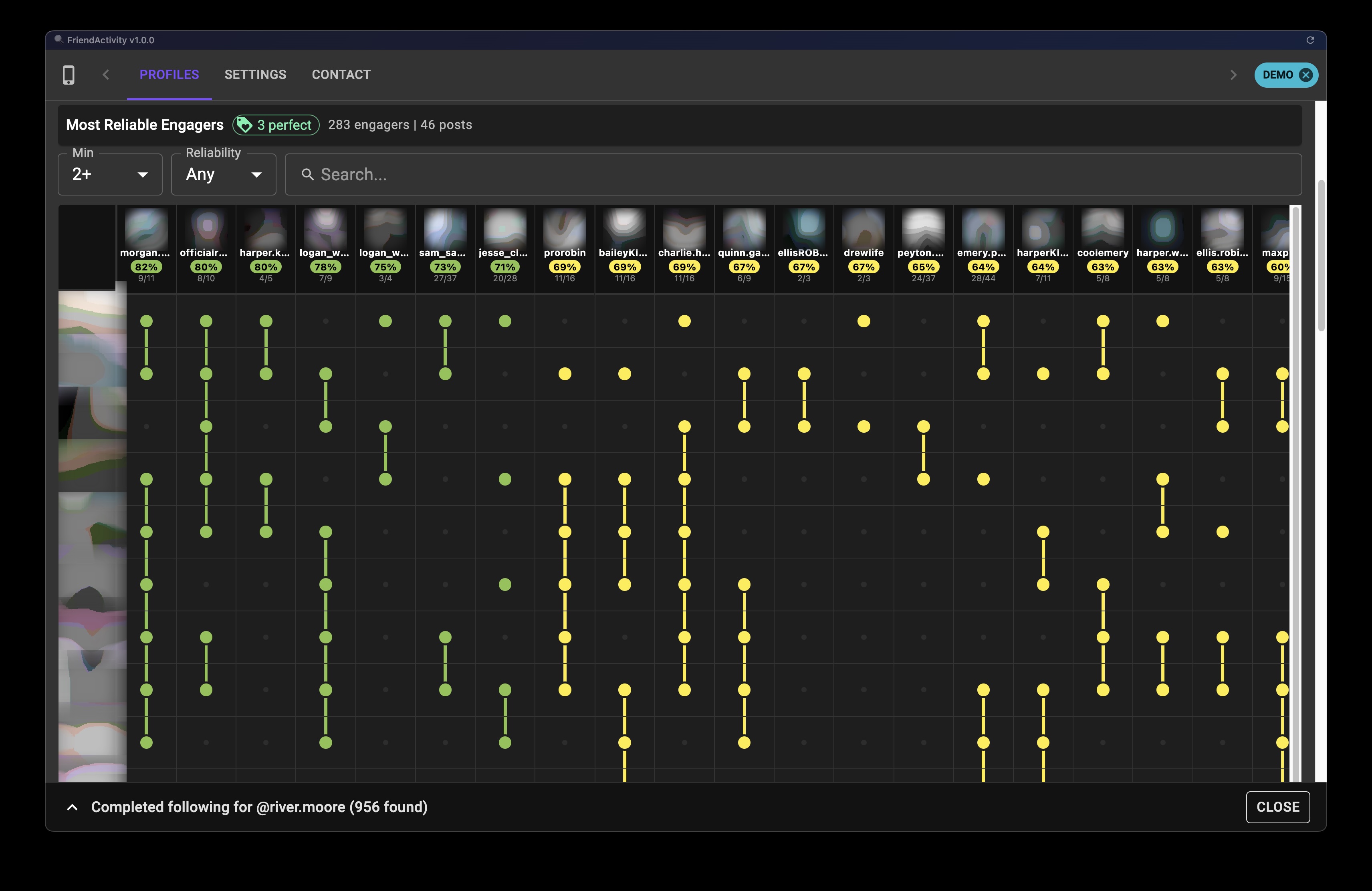Following Tab Feature Screenshot