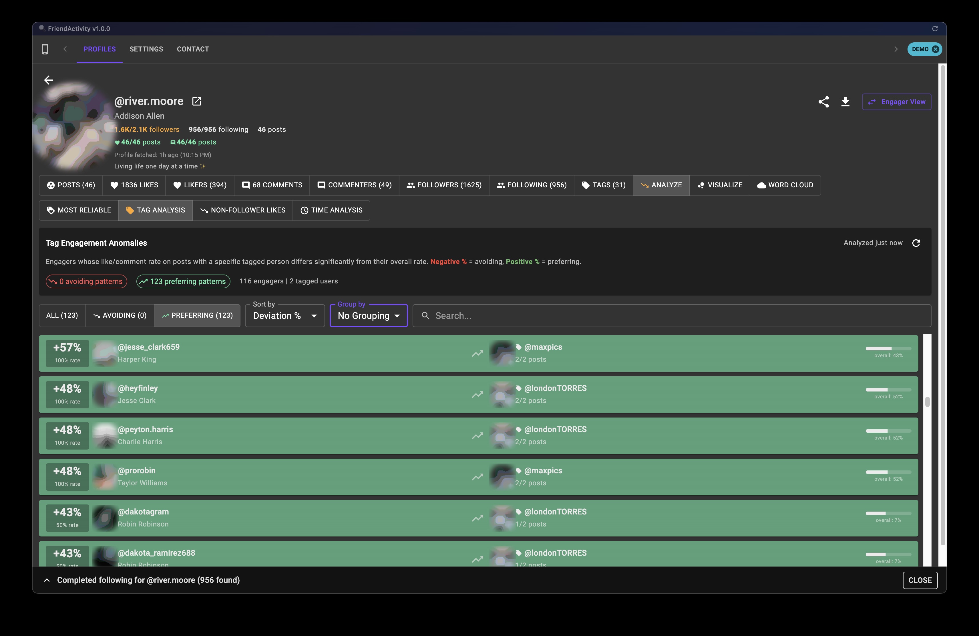 Following Tab Feature Screenshot